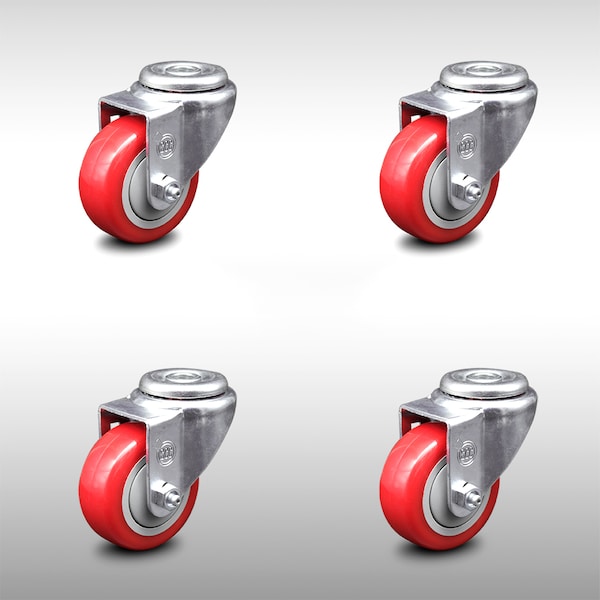 3 Inch SS Red Polyurethane Wheel Swivel Bolt Hole Caster Set